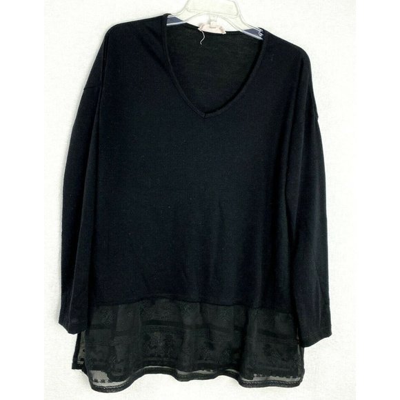 Anthropologie Sweaters - Anthropologie CLOUD CHASER Black Lace Trim Embroidered Long Sleeve Sweater , Lg